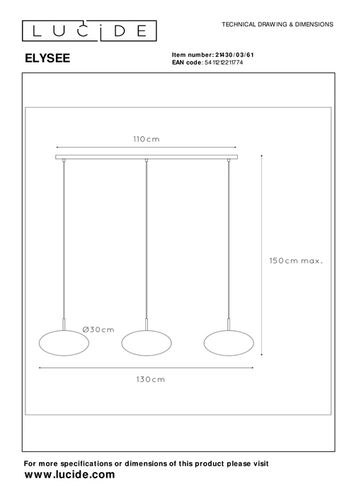 Lucide ELYSEE - Hanglamp - 3xE27 - Opaal - technisch